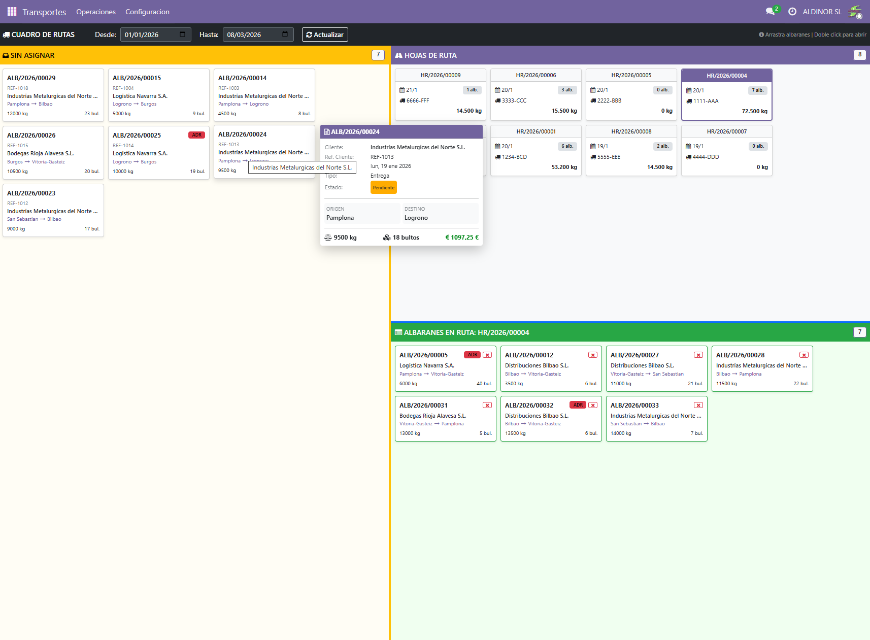 Tablero de rutas y albaranes de transporte — gestion de expediciones